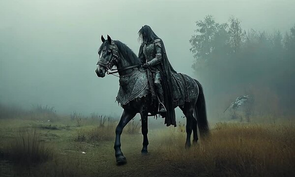 A cloaked figure on a horse in a misty landscape, evoking a mysterious, medieval atmosphere.