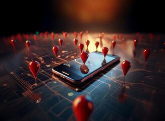A smartphone lies on a digital map, surrounded by numerous red location markers, illustrating the concept of geolocation and mobile navigation.