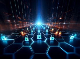 Obraz premium Abstract digital cybersecurity concept. Glowing padlocks arranged in a hexagonal grid recede into a bright, futuristic tunnel. Security and data protection are visually represented.