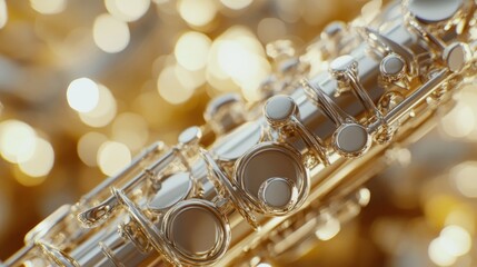 Obraz premium A brightly polished piccolo, close-up with soft background blur, silver detailing catching the light