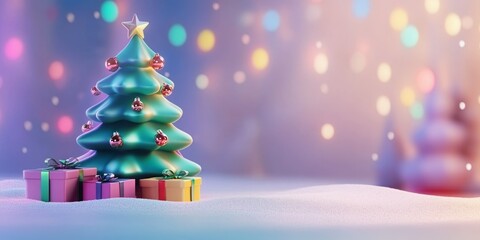 Obraz premium A teal Christmas tree sits on a snowy surface, adorned with pink ornaments and surrounded by presents. Soft, pastel lighting creates a magical scene.