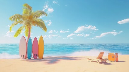 Minimalist 3D Beach Scene with Surfboards and Palm Tree for Summer Product Mockup Display
