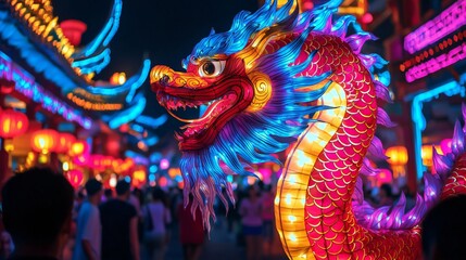 Illuminated Dragon Lantern Chinese New Year Festival Night Scene
