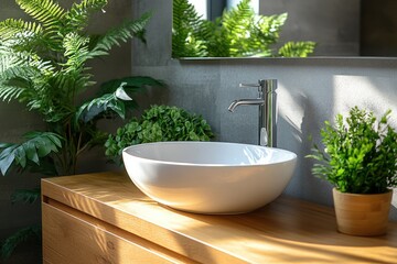 Fototapeta premium Minimalist Scandinavian Bathroom Design with Warm Wood Cabinets and Sleek White Sink in Bright Interior