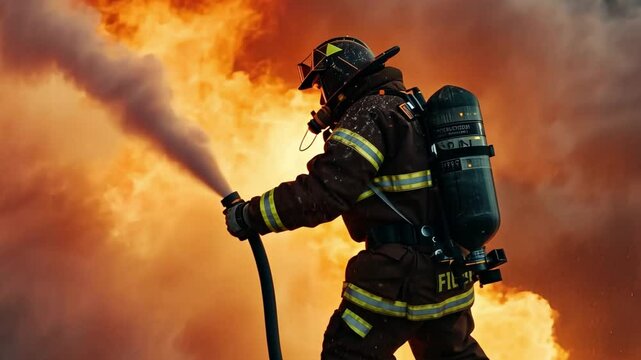 A firefighter in protective gear stands resolutely as they combat a fierce blaze, wielding a hose with determination. The backdrop is an overwhelming display of raging flames and smoke.