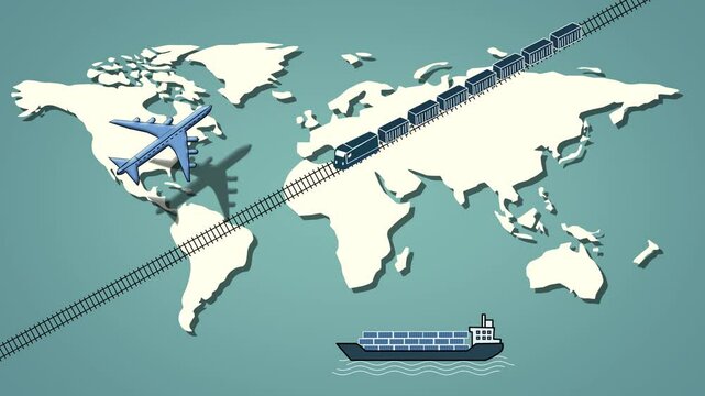 Worldwide Logistics using train line transportation, Airplane Flight and Containers Ship Flat Design animation On World map background. International Business of Import Export