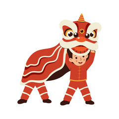 Boys playing chinese lion dancing. Illustrations for websites, landing pages, mobile apps, posters and banners. Trendy flat vector illustrations