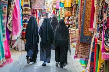 Obraz premium Women in traditional attire walking through a vibrant market.