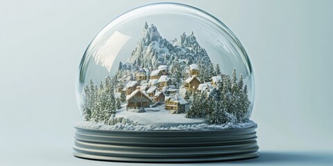 Winter wonderland captured in a glass snow globe. A miniature village nestled in snowy mountains.