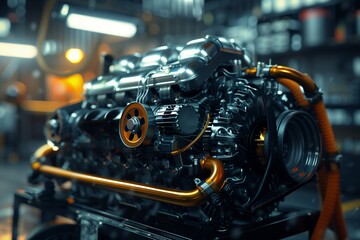 Close-up of a high-performance engine showcasing intricate mechanics and craftsmanship.