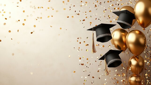 Black and white graduation caps and golden balloons fly on the right side of a poster template