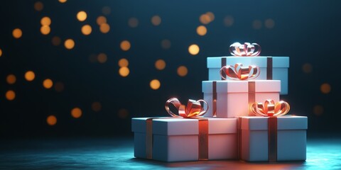 Stack of gifts with rose gold ribbons, festive bokeh background.