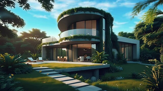 A luxury house with Curved and circular architecture. Seamless 4K looping timelapse video animation background