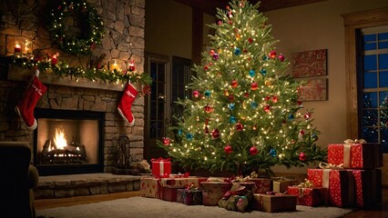 Cozy Christmas Eve: A majestic Christmas tree radiates warmth and festive cheer, surrounded by beautifully wrapped gifts, a crackling fireplace, and the soft glow of candlelight.