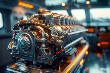 Fototapeta premium Close-up of a shiny engine showcasing intricate mechanical components and design.