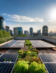 Fototapeta premium Capture an urban rooftop garden integrated with solar panels, symbolizing the combination of green living and renewable energy in an urban environment.