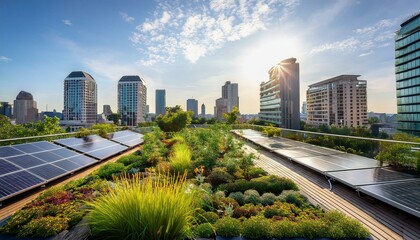 Fototapeta premium Capture an urban rooftop garden integrated with solar panels, symbolizing the combination of green living and renewable energy in an urban environment.