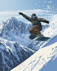 A snowboarder jumps over a snowy mountain slope, creating a dynamic scene.