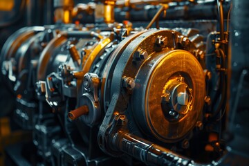 Obraz premium Close-up of an industrial engine component showcasing intricate mechanical details.
