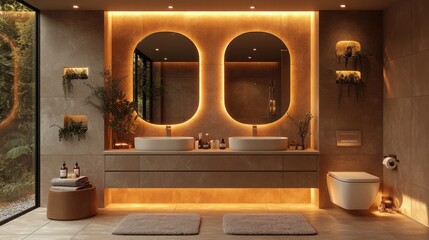 Luxurious modern bathroom with double sinks, warm lighting, and tropical view.