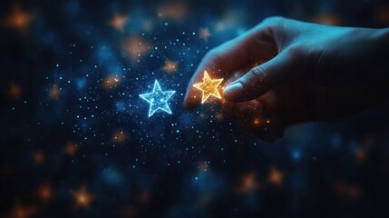 Hand Selecting Five Yellow Stars Indicating Highest Customer Satisfaction Quality Review Evaluation for Products and Services