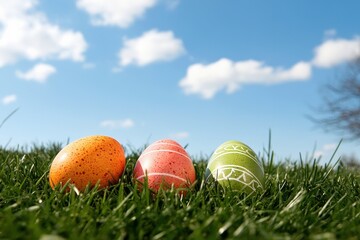 Fototapeta premium Three Decorated Easter Eggs Resting in a Patch of Grass Against a Bright Blue Sky