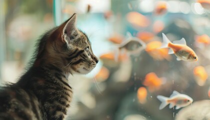 A curious kitten gazes at colorful fish swimming in an aquarium.