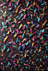 Confetti flying in a zigzag pattern with metallic colors, colorful chaos, celebratory scene