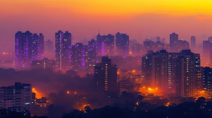Obraz premium Urban skyline at dusk with illuminated buildings and misty atmosphere.