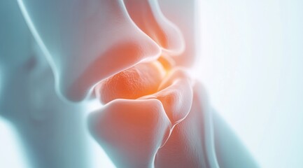 close up of knee joint, glowing white background