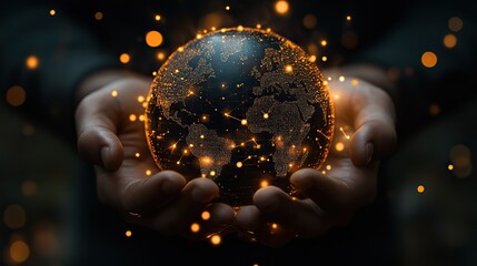 Businessman presents a digital earth globe with interconnected icons, symbolizing e-commerce and tech-driven online business growth