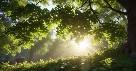 Fototapeta premium Dappled shade and sunlight filtering through the leaves, leafy branches, arboreal scenery, wild landscape