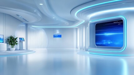 Futuristic Office Interior with Glowing Elements and Bright Lighting