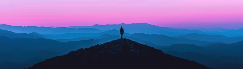Fototapeta premium Silhouette of a person on a mountain peak during vibrant sunset.