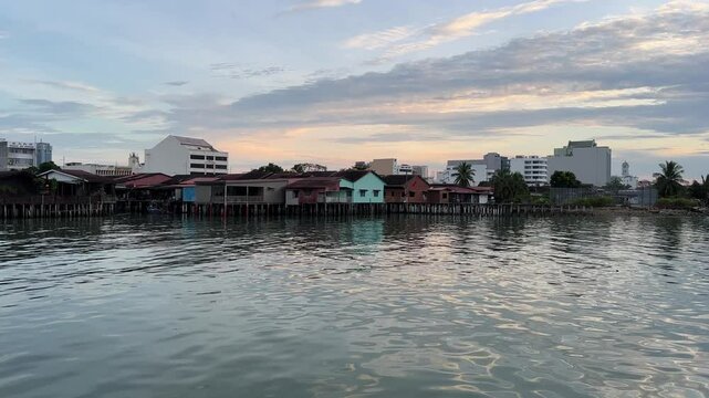 Serene morning scene of wooden floating village in Penang. Clan Jetty in Penang. Rustic living condition. 