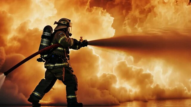 A firefighter is actively extinguishing flames while surrounded by dense smoke and fiery explosions. The scene depicts the urgency and bravery involved in firefighting efforts.