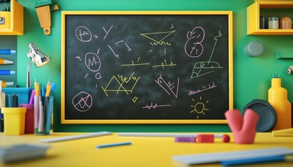 Classroom blackboard with colorful mathematical and scientific drawings.