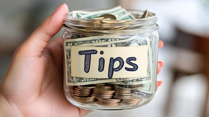 A hand holding a jar labeled "Tips" filled with coins and cash.