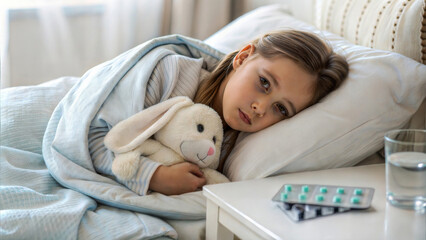 Sick child laying in bed. Little girl feeling unwell at home.  
