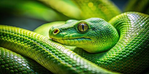 Fototapeta premium Closeup of a charming green snake with a coiled body , reptile, serpent, closeup, coiled, green, scales, wildlife