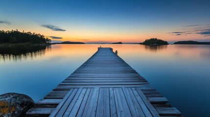 Obraz premium Tranquil dock extending into calm waters at sunset.