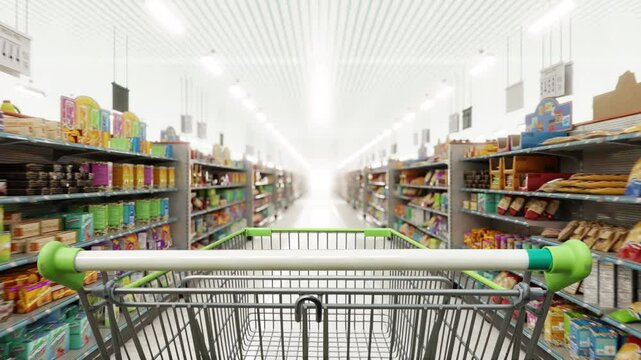 Supermarket aisle with empty red shopping cart. 4k 3d animation