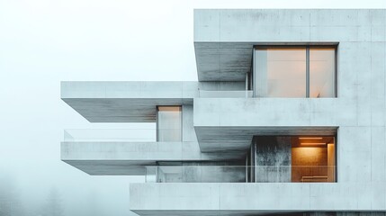 Close-up of an office building with rectangular balconies and white concrete textures