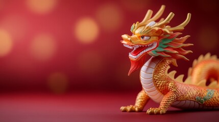 Fototapeta premium Vibrant Golden Chinese Dragon Figure on Red Background