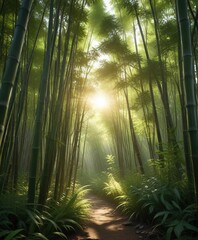 Fototapeta premium Dense bamboo forest with sunlight filtering through the foliage, tall stalks, sunlight filtering, green forest