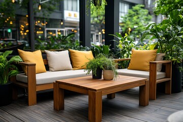 Fototapeta premium Elegant Minimalist Outdoor Patio with Cozy Seating and Lush Greenery, Perfect for Relaxation and Entertaining in a Modern Urban Setting