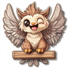 A cute, cartoon-style owl with wings, smiling and perched on a sign.