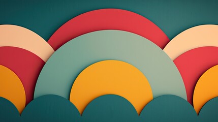 A vibrant arrangement of layered paper arcs in soft colors, creating a playful, abstract design reminiscent of sunsets or decorative elements.