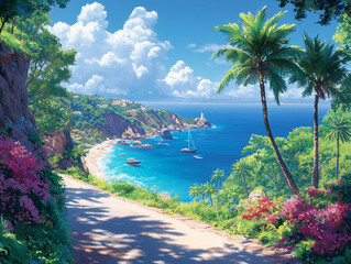 A sun-drenched coastal road meandering along a cliffside overlooking a turquoise sea