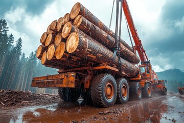 Obraz premium Crane Lifting Logs Onto Truck in Timber Operation Site